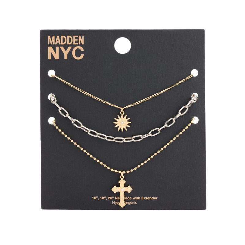 Gold Tone Cross Pendant Necklace Set for Women - 3 Piece