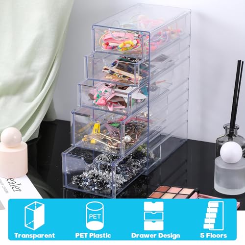 5-Drawers Plastic Storage Organizer, Clear Hair Accessories Organizer with Large Capacity, Plastic Clear Hair Accessories Storage with 5 Drawers for Bathroom, Dresser, Cosmetic