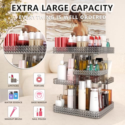 Makeup Organizer 360 Rotating Cosmetic Organizer, 2PCS DIY Adjustable Makeup Carousel Spinning Holder Rack, Large Capacity Cosmetic Display Cases Vanity Countertop Fits Makeup Brushes Lipsticks (Grey)