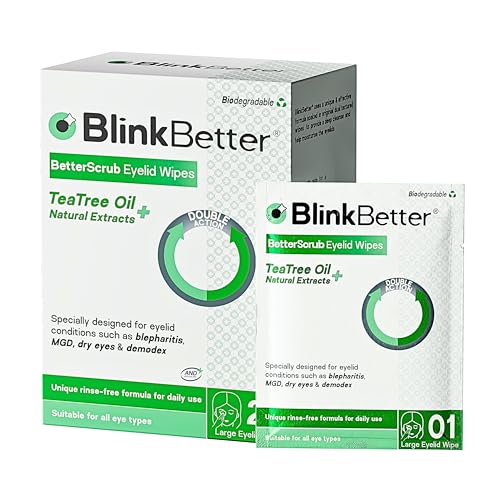 Tea Tree Oil Eyelid Wipes - 20 x Natural Blepharitis, MGD & Dry Eye Relief Wipes | Cleansing, Soothing, Dual-Textured, Triple Moisture Formula | Biodegradable & Gentle (Pack of 1, 20)