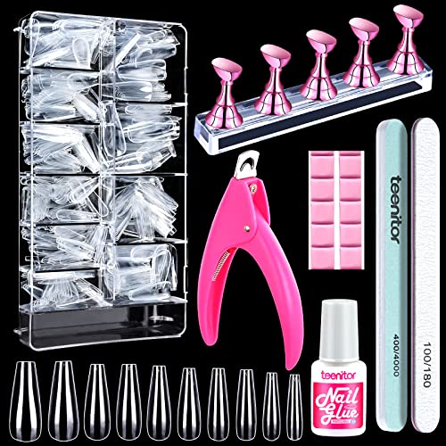 Coffin Nail Tips, Teenitor Nail Art Kit with Nail Art Stickers Holographic Nail Art Sequins Glitter Press On Nails DIY Fake Nails