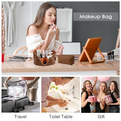 Checkered Travel Makeup Bags Cosmetic Organizer Bag: 2-Set Large Capacity Waterproof Makeup Bag - PU Leather Toiletry Bag for Women - Wide Open Portable Pouch with Handle and Divider (BROWN)