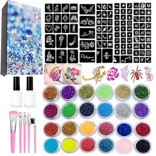 Temporary Glitter Tattoos Kit for Kids, 24 Body Glitter, 2 Glue, 5 Brushes, 187 Stencils, Kids or Adults Halloween Makeup Kit, Gift for Girls Birthday Party Festival