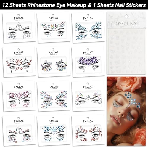 EMOME 12 Sets Face Gems Glitter, Face Eye Body Jewels Rhinestones for Women Makeup, Face Gem Nail Stickers for Fairy Butterfly Glitter Rave Outfit Accessories