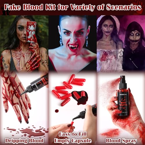 BOBISUKA Halloween Fake Blood Kit, 1.76oz Blood Spray + 1.76oz Dripping Blood + 10 Fillable Empty Capsules, Realistic Washable Fake Blood Makeup for Mouth Clothes Zombie Vampire Monster SFX Cosplay