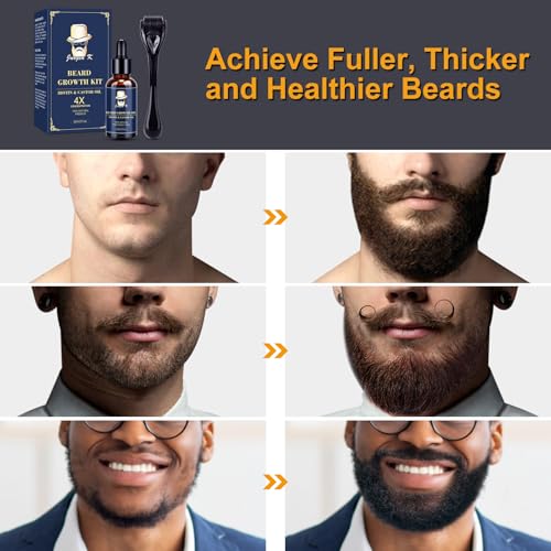 Jurgen K Beard Growth Kit, Upgraded Beard Growth Oil (2Oz) w/Biotin & Castor Oil, Beard Massager for Patchy/Spot Beard, Beard Kit for Men's Daily Grooming, Birthday Gifts for Him Boyfriend Husband
