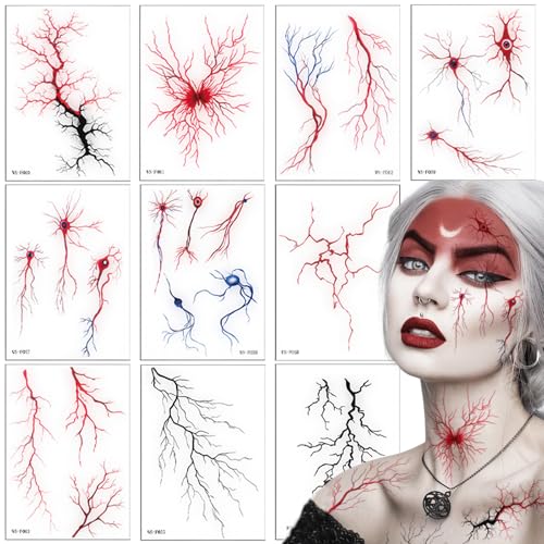 Blood Vessel Temporary Tattoos Sticker Red Black Fake Bloody Stitch Scab Lightning Scary Prank Face Body Makeup Zombie Sticker for Women Men Halloween Cosplay Masquerade Party Props Decor 10 Sheets