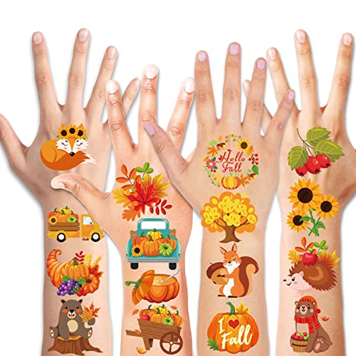 HOWAF 96 Pcs Thanksgiving Fall Temporary Tattoos, 48 Styles Autumn Harvest Temporary Tattoos Stickers for Kids, Thanksgiving Fake Tattoos with turkeys, owls, squirrels, pumpkins, maple leaves design