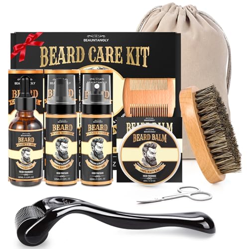 Beard Grooming Set With Beard Oil, Conditioner, Balm, Shampoo Wash, 0.25MM Roller, Beard Brush, Comb, Scissor, Bag, Christmas Birthday Valentines Day Gifts for Men