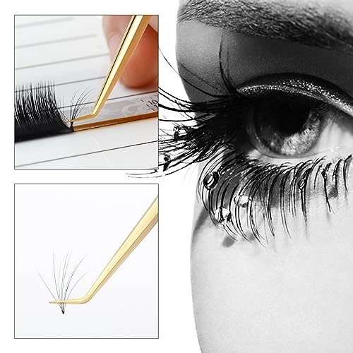 NAGARAKU Tweezers for Eyelash Extensions Gold Curved Angled Volume Cluster Super Light Weight Easy Fanning Tweezers Stainless Steel Precision (N-07)