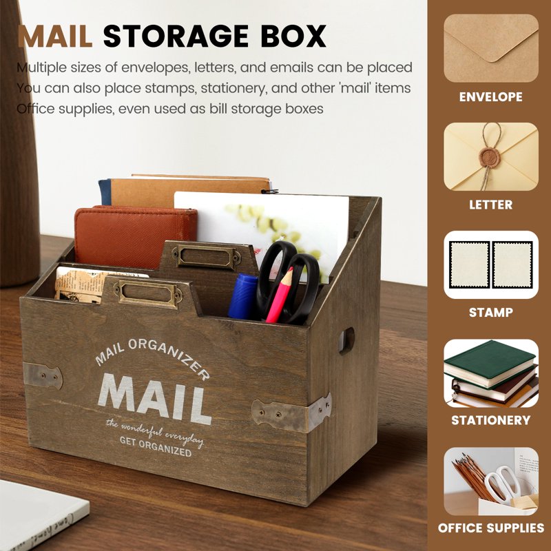 Wood Letter Mail Organizer with 3 Compartments - Countertop Desk File Sorter