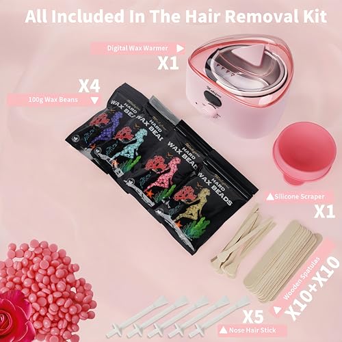 Brazilian Waxing Kit - Bikini & Full Body Hair Removal with Digital Warmer, 4 Scented Wax Beads & 27 Silicone Tools - Home Waxing for Women & Men, Face & Body Care (Pink)
