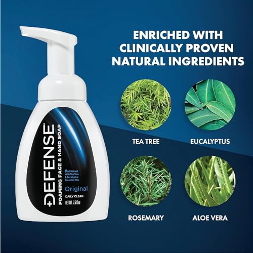 Defense Liquid Foaming Face & Hand Soap, Original + Peppermint 7.5 Fl Oz Combo with Tea Tree, Eucalyptus, Jojoba, Aloe Vera, Olive & Coconut Oils