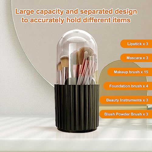 Makeup Brush Holder Organizer with Lid 360 Rotating Dustproof Storage Organizer, 5-Slot Makeup Brush Cup, Multifunctional Pen Holder for Makeup Brush Mascara or Eyeliner(Black)