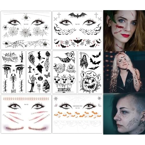 ZS Halloween Horror Realistic Tattoo Stickers Scar Bat Spiderweb, 8 Sheets Halloween Prank Makeup Temporary Tattoo for Adults Men Women, Halloween Face Tattoos Masquerade Props (Set A)