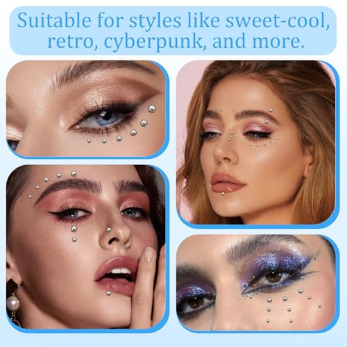 Face Gems Fake Piercings, 1650 Pcs Fake Eyebrow Piercing Y2k Accessories Nose Stud Eyebrow Stud, Non-Piercing Nose Stud with 1 Clip, Face Sticker Ring Cool Punk Y2K Makeup for Women Men, Silver