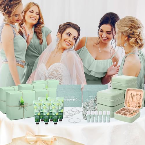 60 Pcs Bridesmaid Proposal Gifts Bridesmaid Box Set Maid of Honor Gifts Wedding Bridal Shower Include Jewelry Box Glass Cup Scrunchies Hair Knotted Bracelets Hand Cream Lip Balm Cards(Green)
