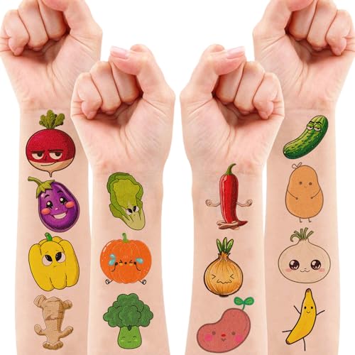 100 PCS Funny Vegetable Temporary Tattoos Sticker for Kids Avocado Corn Pumpkin Birthday Party Decorations Supplies Favors Celebration Gifts Boys Girls Baby Shower Cute Tattoo School Reward Themed