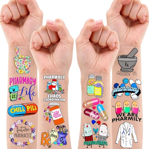 96PCS Funny Future Pharmacy Temporary Tattoos Happy Birthday Party Decorations Supplies Favors Decor Doctor Nurse Pharmacist Tattoo Stickers Gifts For Graduation Kids Adults Boys Girls Prizes Carnival