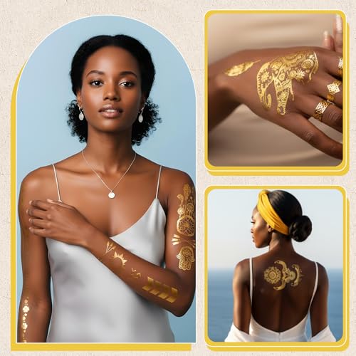 9 Sheets Gold Tattoos Temporary Tattoos For Women, Glitter Flash Tattoo Stickers Metallic Elaborate Sun Moon Star for Adult Festivals Parties Makeup Cosplay