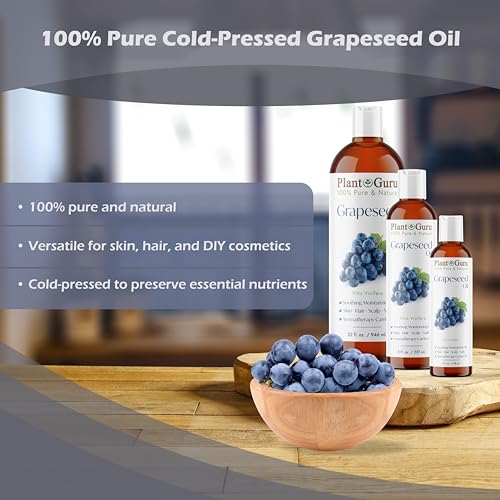 Plant Guru Grapeseed Oil 32 oz. Cold Pressed 100% Pure Natural Carrier For Skin, Body, Face, and Hair Growth Moisturizer. Great For Creams, Lotions, Lip balm and Soap Making.