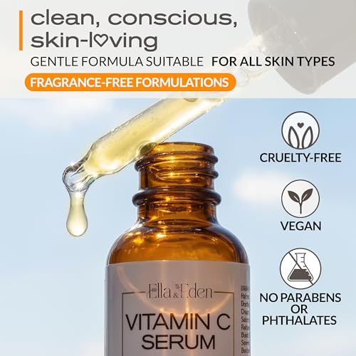 Ella & Eden Vitamin C Serum for Face - Hyaluronic Acid, Aloe Vera, Vitamin E, CoQ10 - Anti-aging, Skin Brightening - Paraben-Free, Fragrance-Free, Suitable for All Skin Types - 1 Fl Oz