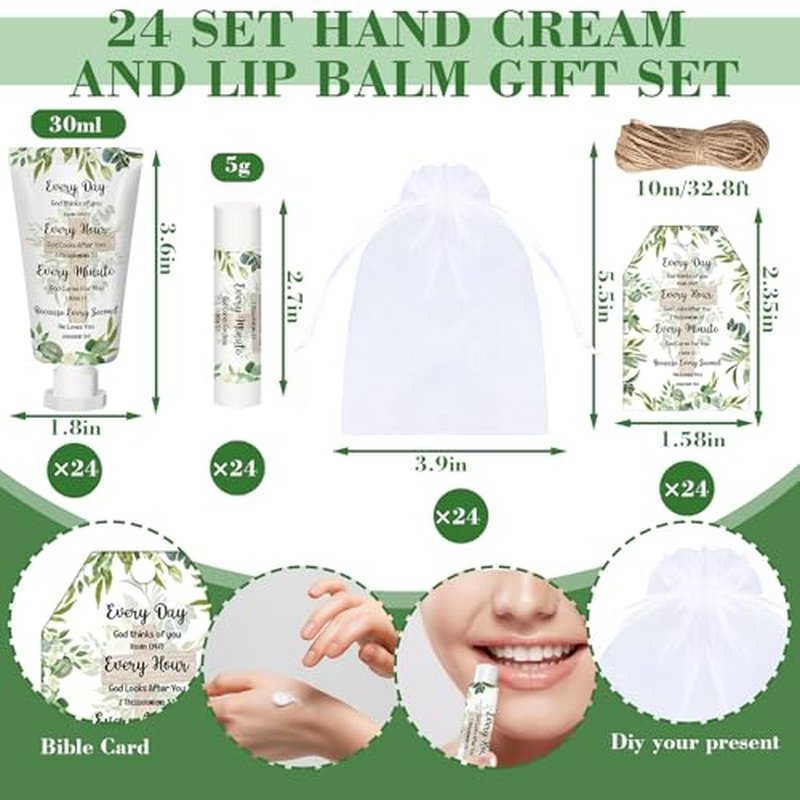 24 Sets Christian Hand Cream and Lip Balm Gift Set Bible Verse Cross Travel Size Hand Lotion Lip Balm Bulk with Organza Bags Tags for Women Wedding Bridal Baby Shower Christmas Holiday