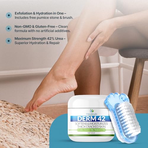 Free Life Labs - Urea Cream for Feet - Maximum Strength 42% Foot Cream for Calluses and Dry Feet - Free Pumice Stone and Brush - Shea and Mango Butters-Paraben Free-Fragrance Free- 4oz.