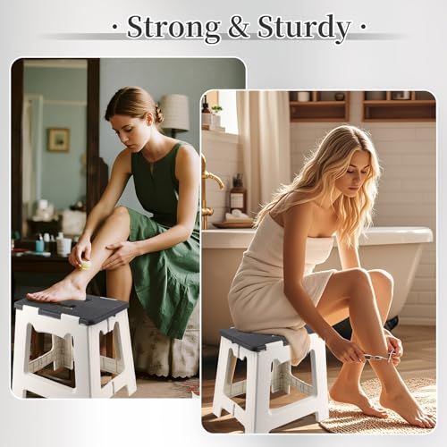Shower Stool for Shaving Legs, Foot Rest Folding Stool Step with 2 Hooks, Foldable Waterproof Plastic Corner Shower Foot Rest for Pedicure Shave Legs (Gray)