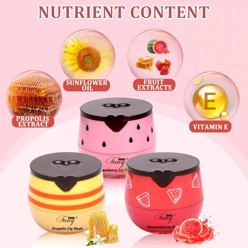 3 Pcs Bee Balm,Honey Strawberry Watermelon Bee Lip Balm Honey Pot,Moisturizing Lip Mask Overnight,Hydrate Repair Prevent Dry Cracked Lip Care (Honey+Strawberry+Watermelon)