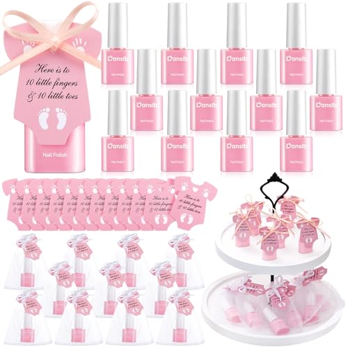 24 Set Light Pink Baby Shower Mini Nail Polish Bulk Baby Shower Party Favors for Guests Gender Reveal Party Supply Souvenir Return Thank You Gifts with Card Organza Bags Ribbon Quick Dry