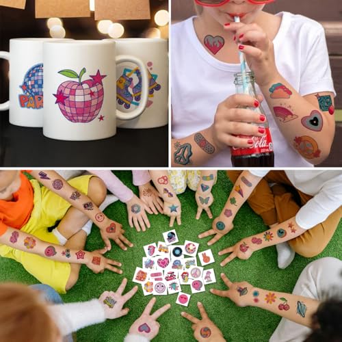 Glitter Groovy 70s Temporary Tattoos for Kids - 74 Individually Sheets Glitter Retro Flower Power, Smiley Decorations Tattoos Stickers for Boys Girls Party Supplies