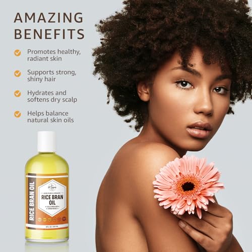ORGANIC RICE BRAN OIL (16 oz) Premium Cold Pressed Unrefined | 100% Pure Rice Bran Oil for Skin, Face, Hair, Soap Making | Carrier for Essential Oils | Available in Bulk | 16 FL OZ