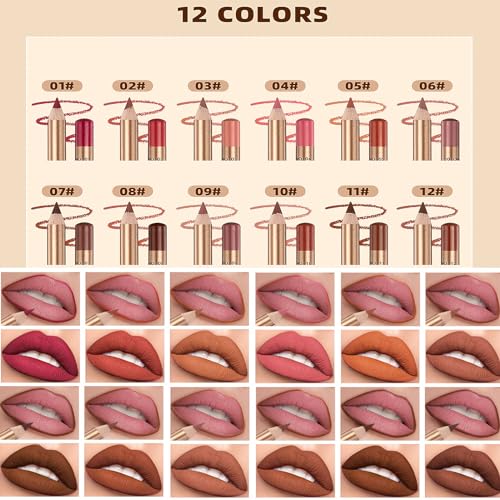 12 Colors Lip Liner Set, Brown Pink Red Series Lip Liners, Plump Nude Lip Shape No Smudge Longwear Smooth Lip Pen Waterproof Lipstick High Pigmented Natural Lip Makeup Pencil