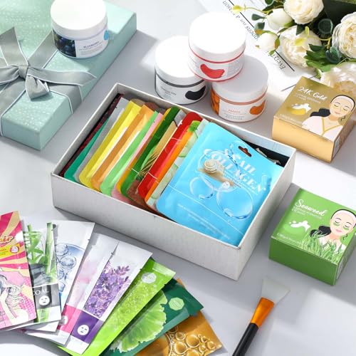 96 Pcs Face Mask Set Hydrating Clean Suitable for Sensitive Skin, Including 30 Peel-off Facial Masks, 4 Clay Masks, 60 Pairs of Under-eye Patches, a Mask Brush, and a Face-washing Headband
