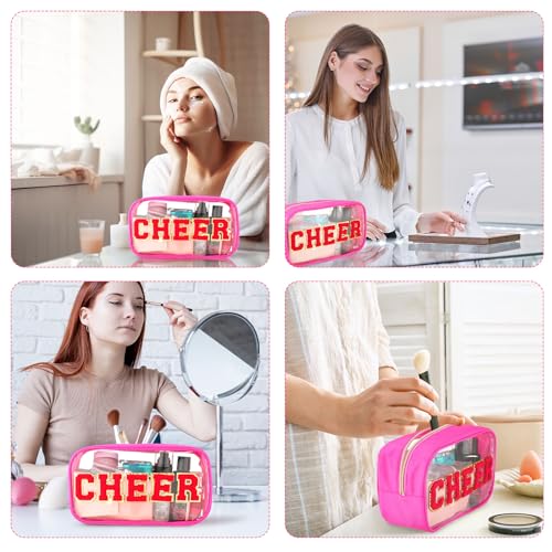 Abbylike Cheer Clear Makeup Letter Bag Cosmetic Zipper Cheers Pouch Chenille Patch Cheerleader Gifts Preppy Cheer Accessories Nylon Handmade Toiletry Bags for Cheerleading Women Girls Gifts, Rose Red