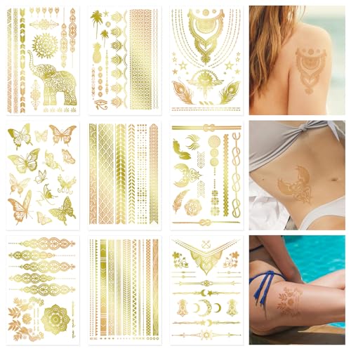 9pcs Gold Temporary Tattoos, 8.3x5.8in Tattoo Stickers Gold Butterfly Star Moon Feather Waterproof Tattoos Stickers for Women Girls Parties Festivals Makeup Cosplay Accessories(Style A)