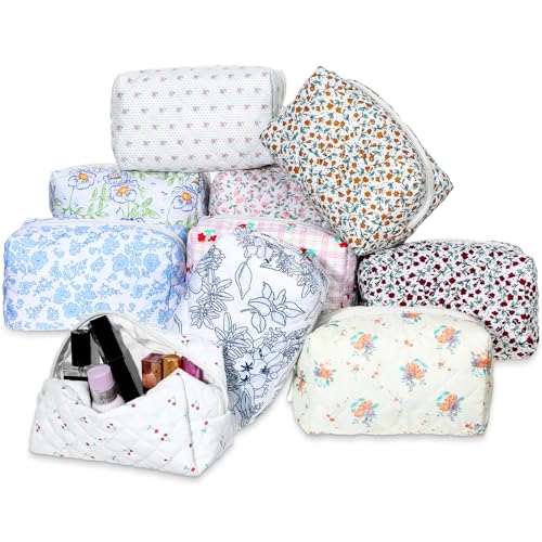 10 Pcs Cotton Floral Quilted Makeup Bags, Aesthetic Cosmetic Bags Portable Floral Makeup Pouch with Zipper Make Up Organizer for Women Travel Gifts