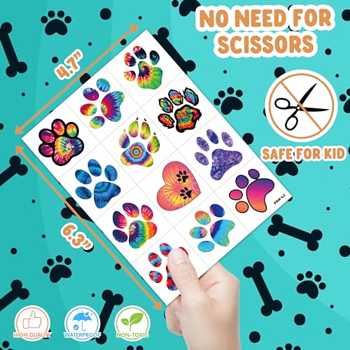 96 PCS Cat Dog Paw Print Pre-Cut Temporary Tattoos Sticker Tie Dye Animal Themed Birthday Party Supplies Decorations Decor Favors Gifts Ideas Girls Boys Cute Let¡¯s Pupply Pet Fake Tattoo School Reward