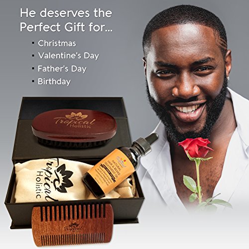 Tropical Holistic Natural Beard Grooming Kit for Men, 3-in-1 Set, Boar Bristle Brush, Handmade Wood Comb, 100% Pure Unscented Hair Treatment Oil 2 oz, Travel Bag