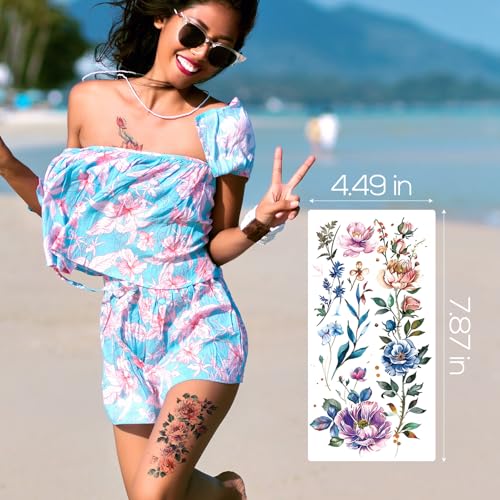 21 Sheets Large Temporary Tattoos Flower Paper Sexy Body Tattoo Sticker for Women & Girl Fake Tattoo (Lily, Peach, Plum, Peony)