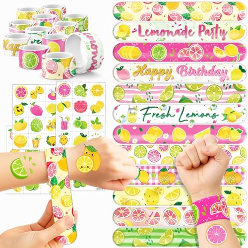 72 PCS Lemonade Party Favors - 48 Temporary Pre-Cut Tattoos & 24 Slap Bracelets - Pink Yellowe Lemon Party Favors for Boys & Girls, Birthday Goodie Bag Fillers, Baby Shower Gifts, Classroom Rewards