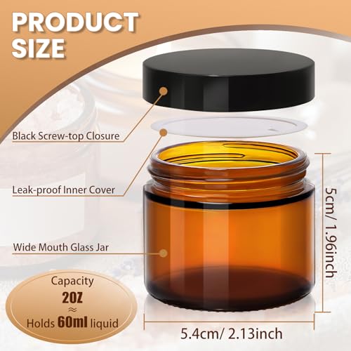 Amber 2oz Glass Jars with Lids - 24 Pack Brown Small Cosmetic Containers with Stickers & 2 Spoons, Wide-Round Smooth Mouth, Sealable for Creams, Lotions, Body Butter, Travel Samples