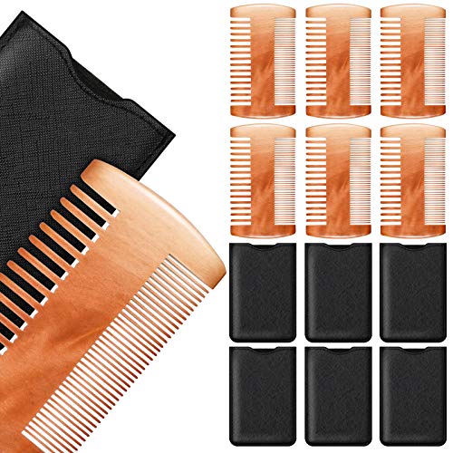 Natural Sandalwood Dual Action Beard & Moustache Combs with Faux Leather Cases (6 Pieces, Yellow)