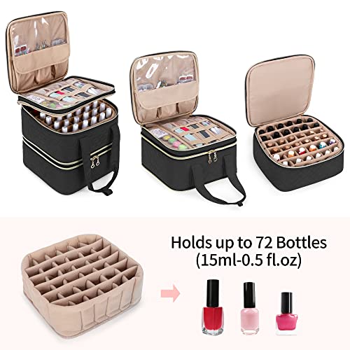 Yarwo Nail Polish Organizer Case Holds 72 Bottles (15ml/0.5 fl.oz), Detachable 3 Layers Nail Polish Storage Bag with Removable dividers for Nail Lamp and Nail Art Manicure Tools, Black (Bag Only)