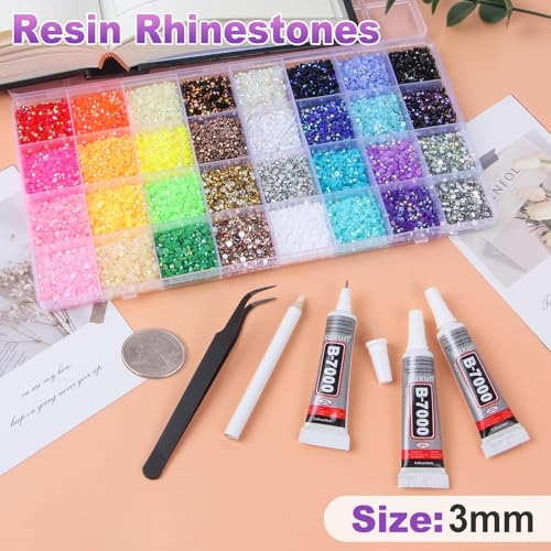 37000Pcs 32 Colors Resin Jelly Gems for Bedazzling, 3mm Flatback Rhinestones for Crafts, with 3 Bottles B7000 Glue for Clothes, Shoes, Nails, Jewelry Making