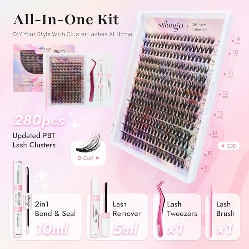 DIY Lash Extensions Kit 280PCS Individual Lashes Clusters,9-16mm MIX 30D Fluffy and Natural False Eyelashes,Wispy and Volumn,with Lash Bond and Seal,Tweezers,Glue Remover,Easy Use At Home