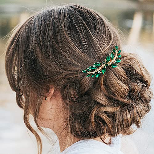 BETITETO Bridal Hair Comb Emerald Green Crystal Wedding Hair Piece Pin Accessories for Women Girls Party (Green)