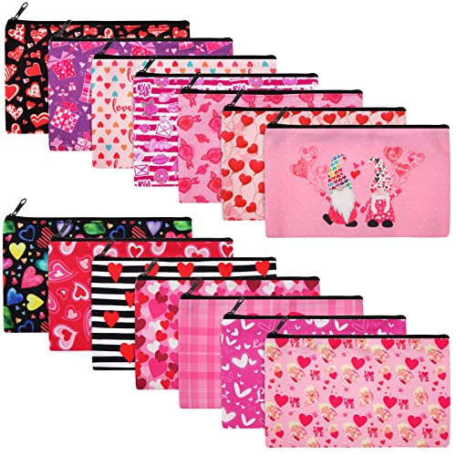 Reginary 14 Pcs Valentines Makeup Bag Bulk Valentine Galentines Day Gifts Heart Cosmetic Bags Pink Red Travel Pouches with Zipper Toiletry Purse Party Favor Gift for Women, 14 Styles