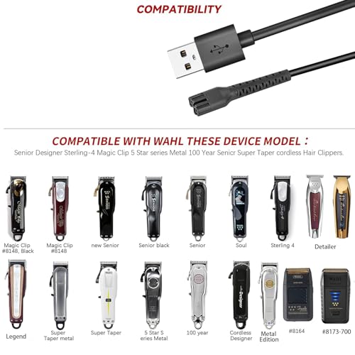 Replacement Charger Cord USB for Wahl Clipper, 2m/6.6FT Charging Cable for Wahl Magic Senior Detailer Legend Cordless Clippers, for Finale & Vanish Shaver #8164/8173/8591/8148/8504/8171/1919